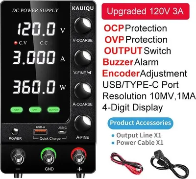 Obrázok produktu pre Laboratórny zdroj s DC výstupom – sieťový zdroj 120V, 3A – nastaviteľné napätie a prúd – regulovaný – ochrana proti prepätiu (OVP) a nadmernému prúdu (OCP) – jeden výstup – vylepšená verzia