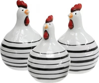Produktbild von Deko Huhn Keramik Weiß Schwarz Streifen Ø 7cm H11cm Set 3 St Küken Figur Tischdeko Haus Garten, 3 Stück