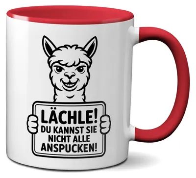 Produktbild von TassenKing Alpaka Tasse mit Spruch „Lächle! Du kannst sie nicht alle anspucken“ Lustige Kaffeetasse 330ml Keramikbecher – Ideale Geschenkidee für Kollegen & Freunde (rot)