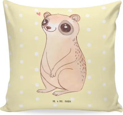 Produktbild von Mr. & Mrs. Panda Sofa Kissen Plumplori Glücklich - Gelb Pastell - Geschenk, kuschelkissen 40x40, Niedlich, Lustige Sprüche, Dekokissen, Glück, bedruckt, Sofakissen
