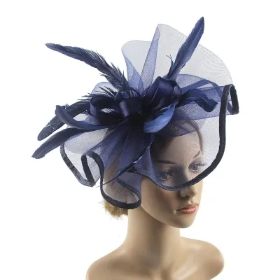 Produktbild von Einfarbiger, eleganter Fascinator-Hut mit Haarspange, dekorative Federschleife, Netzdekor, Pillbox-Hut, Haar-Accessoires, Marineblau