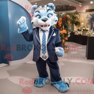 Produktbild von Blauer REDBROKOLY Tiger Maskottchen Kostüm Charakter gekleidet mit einem Blazer und Ohrringen