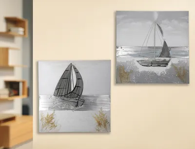 Image de GILDE Bild, quadratisch, "Sailing", Bootmotiv, Aluminium, Leinwand, creme, grau, silberfarben, , 2 Stück wie abgebildet, B. 50 cm, H. 50 cm 38743