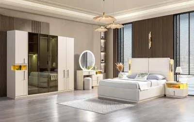 Image de Ensemble complet de chambre à coucher moderne Lit Armoire Tables de nuit