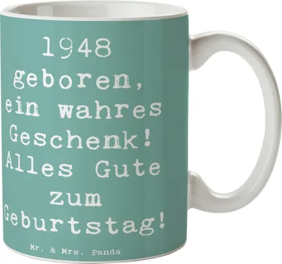 Produktbild von Mr. & Mrs. Panda Kaffeebecher Spruch 1948 Geburtstag - Meeresbrise - Geschenk, Glückwunsch, Bedruckte Tasse, Happy Birthday, Pott, Geburtsjahr, Trinkbecher, Glückwünsche