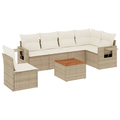 Produktbild von 7-tlg. Gartenmöbel-Set, modulare Sofagarnitur mit Stauraum, wasserabweisenden Beuteln & Akazienholz-Tisch, aus UV-beständigem Poly Rattan, Beige
