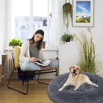 Produktbild von ISOISL Rundes Hundebett Katzenbett Ø 60 cm, Langplüsch, rutschfester Boden, Dunkelgrau