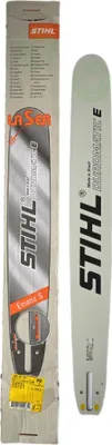 A Stihl chainsaw bar and its packaging are displayed against a white background.