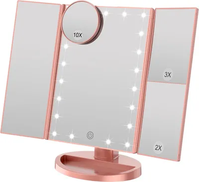Produktbild von 3-fach/2-fach vergrößernder, beleuchteter Spiegel mit 21 natürlichen LEDs, Berührungsschalter, USB-/Batteriebetrieb, verstellbar (Roségold)