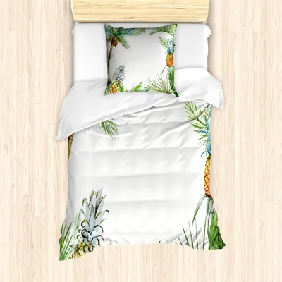 Produktbild von ABAKUHAUS Ananas Mantele, Exotische Palmen, Milbensicher Allergiker geeignet mit Kissenbezügen, 135 cm x 200 cm - 80 x 80 cm, Mehrfarbig