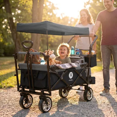 Produktbild von Miweba Bollerwagen MB-20 faltbar | Transportwagen mit Dach - Handwagen - Transportkarre - Hartgummireifen - mit Anschnall-Gurt - bis 100 kg (SW/Grau)