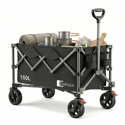 Produktbild von SUNULA Bollerwagen Faltbar Tragkraft 120 KG Handwagen mit EIN-klick-Handgriff, Schwarz