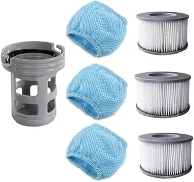 Produktbild von Ersatz-Filter-Set für Miweba für MSPA Spas, 7-teiliges Set mit Halterung und Netzbeuteln, waschbare PVC-Kartusche für aufblasbare Whirlpools