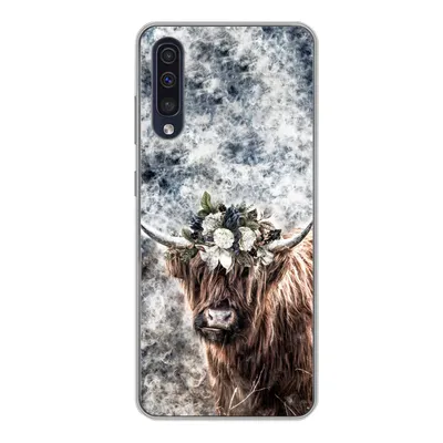 Produktbild von MuchoWow® Handyhülle Schutzhülle Hülle für Samsung Galaxy A50 Schottischer Highlander - Rauch - Blumen Silikon Softcase Handy Hülle - Mobiltelefonhülle