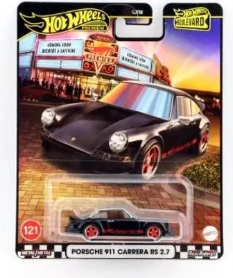 A Hot Wheels Premium die-cast car in its packaging, featuring a Porsche 911 Carrera RS 2.7.