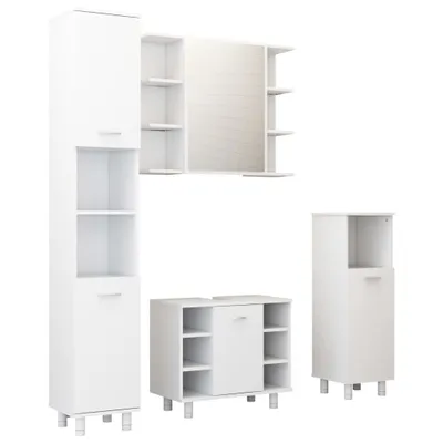 A set of four white bathroom furniture pieces, including a tall cabinet, a wall-mounted cabinet with a mirror, a low cabinet with a door and shelves, and a tall, narrow cabinet with a door and an open shelf.