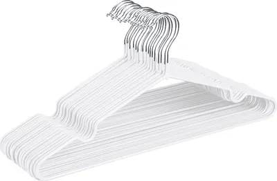 A stack of white metal hangers with silver hooks.
