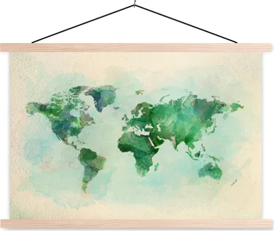 Produktbild von MuchoWow® Textilposter Weltkarte - Aquarell - Grün 120x80 cm mit holzfarbenen Rahmen - Aufhängeset