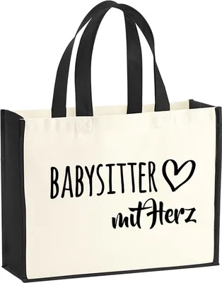 Produktbild von Huuraa Jutetasche Babysitter mit Herz 21 Liter Black Jute und Baumwolle Einkaufstasche Geschenkidee