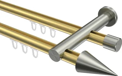 Produktbild von Interdeco Innenlaufstange / Gardinenstange mit Innenlauf Messing-Optik / Edelstahl-Optik, Typ Platon Savio (Kegel), 20 mm Ø 2-läufig, 600 cm