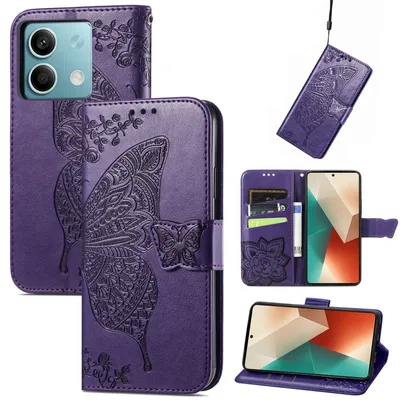 Produktbild von Für Xiaomi Redmi Note 13 Kunstleder Wallet Handy Tasche Schmetterling Design Schutz Hülle Case Cover Etuis Lila
