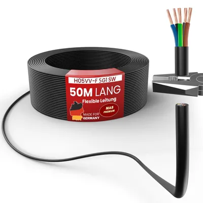 Immagine prodotto di Cavo flessibile in plastica da 50 metri, tipo H05VV-F, 5G1, colore nero, per uso come cavo di alimentazione per apparecchiature