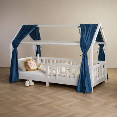Produktbild von Hausbett Himmel NENA im 2er Set in dunkelblau - Betthimmel aus 100% Baumwolle, Baldachin Musselin zweilagig, Bettvorhang für Kinder, Hausbett Deko