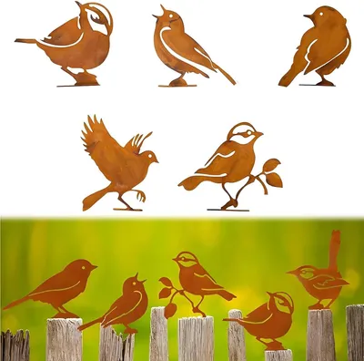 Produktbild von 5 Stück Gartenstecker Vögel Rost Metall Vogel Deko mit Schraube