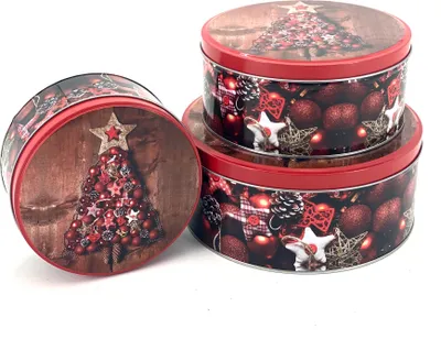 Produktbild von Heimtexland ® 3er Set Gebäckdosen Keksdose Vorratsdose Weihnachten Plätzchen Geschenkbox Lebensmittel Metalldosen Typ658 Kugelbaum