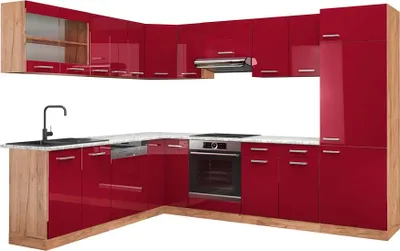 Produktbild von Eckküche Vicco R-Line Rot Hochglanz/Goldkraft Eiche 287 x 60 cm , AP Marmor, Model 43053