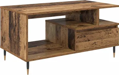 A product shot of a coffee table with a rustic wood finish.