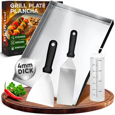 Obrázok produktu pre Blumtal Set Plancha grilovacia platňa z nehrdzavejúcej ocele vrátane 2 grilovacích lopatiek a fľaše na olej, odolná a robustná – 30 x 40 cm