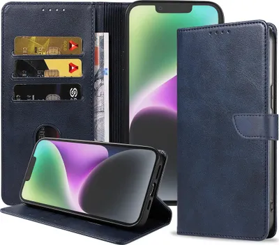 Produktbild von Geeignet für iPhone 14 Plus Handytasche Kunstleder mit magnetischer Lippe und Kartenhalter Buchhülle mit Klappe - Blau - Smartphonica