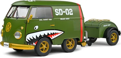 Zdjęcie produktu dla Solido 421186411 VW T1 Bus Kool Kombi Army Fighter zielony z przyczepą 1:18
