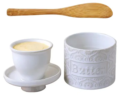 Productafbeelding van Franse boterpot met keramisch deksel, inhoud 200 ml, watergekoeld, inclusief botermes, ideaal voor verse, smeerbare boter