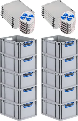 Produktbild von SparSet 10x Eurobox NextGen Color mit Auflagedeckel und Schiebeschnappverschlüsse | HxBxT 22x30x40cm | 20 Liter | Grau | Griffe blau offen | Glatter Boden | Eurobehälter, Transportbox, Transportbehälter, Stapelbehälter