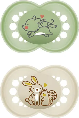 Produktbild von MAM Original Schnuller im 2er-Set, zahnfreundlicher Baby Schnuller aus nachhaltigen & -erneuerbaren Materialien, Sauger aus MAM SkinSoft Silikon, mit Schnullerbox, 6-16 Monate, Wolf/Hase