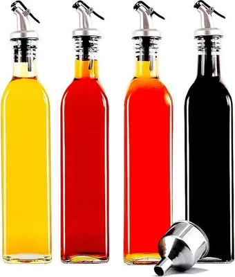 Image de Distributeur d'huile en verre avec entonnoir, lot de 4, 500 ml, anti-fuites et sans pression