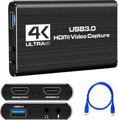 A black HDMI video capture device with a blue USB 3.0 cable, shown with its ports and labels.