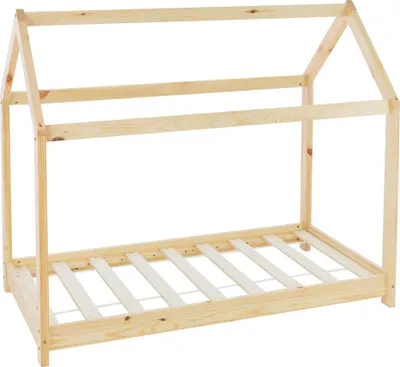 Produktbild von ML-Design Kinderbett 70x140 cm mit Dach und Lattenrost, Natur, Hausbett aus massivem Kiefernholz Bodenbett Holzbett Jugendbett Spielbett Zelt