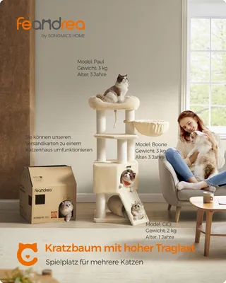 Produktbild von FEANDREA Kratzbaum größer, 141cm, dicken Säule, stabil, Kippschutz beige