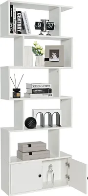 A modern white zigzag bookshelf with various decorative items.