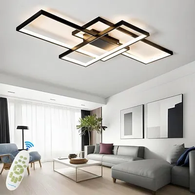 Productafbeelding van LED plafondlamp, modern design, zwart, dimbaar, woonkamerlamp, rechthoekige plafondlamp met afstandsbediening, slaapkamerlamp, grote plafondverlichting voor de woonkamer, 90 cm