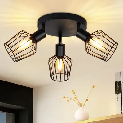 Image de ZMH Spot de plafond noir à 3 flammes - Plafonnier rond Spots E14 Spot pivotant Vintage Ceiling Spot rotatif 350° Lampe murale pour salle de bains couloir