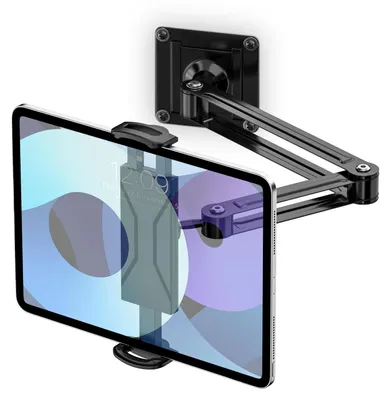 Zdjęcie produktu dla Uniwersalny uchwyt na tablet - Mocowanie do ściany - Regulowany - Składany - Obrotowy o 360° - Do tabletów i telefonów do 14 cali
