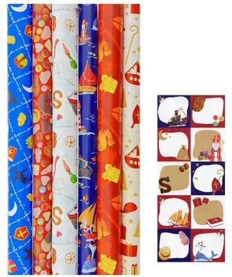 Productafbeelding van Sinterklaas cadeaupapier - Inpakpapier - 200 x 70 cm - 6 rollen inclucief labels