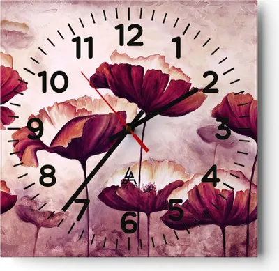 Produktbild von Wanduhr - Quadrat - Glasuhr - Mohn Blume Wiese - 40x40cm - Schleichendes Uhrwerk - Lautlos - zum Aufhängen bereit - Dekoration Modern - Wanddekoration aus Glas - C4AC40x40-3934