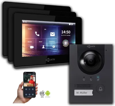 Produktbild von Gegensprechanlage mit Kamera Goliath IP 2-Draht BUS Anthrazit 3-Monitore : Unterputzdose : 7 Zoll in Schwarz Türklingel Montagedose: Unterputzdose Monitor Auswahl: 7 Zoll in Schwarz