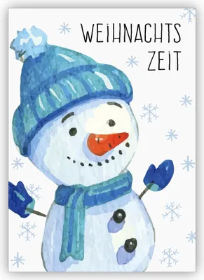 Produktbild von 4x Fröhliche gemalte Winter Weihnachtskarte mit fröhlichem Schneemann: Weihnachts zeit