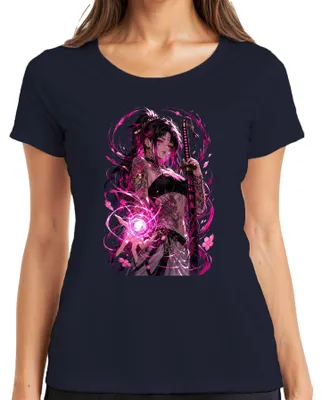 Produktbild von Anime Mädchen Katana Pinke Magie Tattoo Drache Japan Y2K Otaku Damen T-Shirt, Navy, L